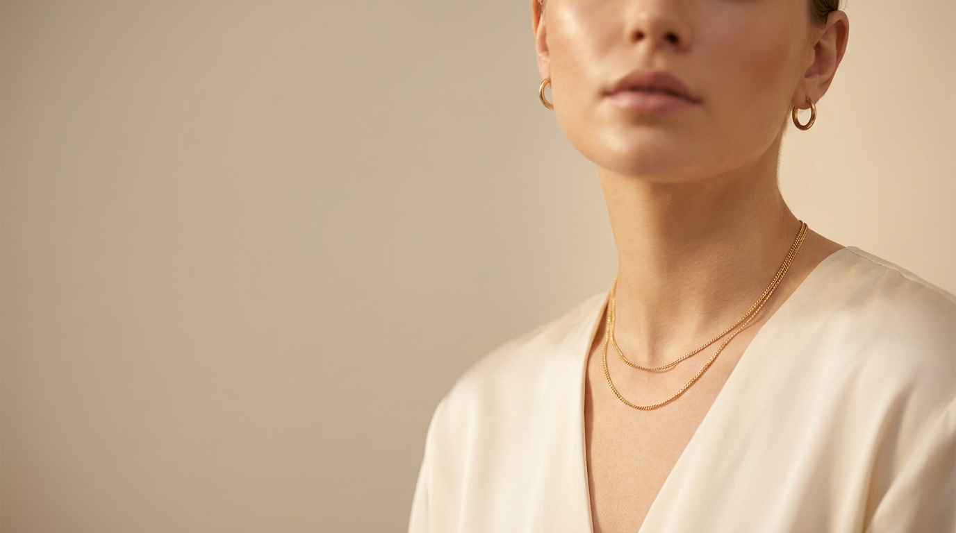 Model wearing layered gold necklaces - lifestyle banner