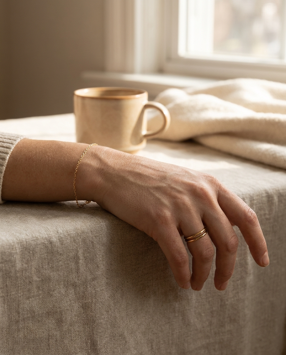 Hand wearing gold bracelet and rings on linen - lifestyle
