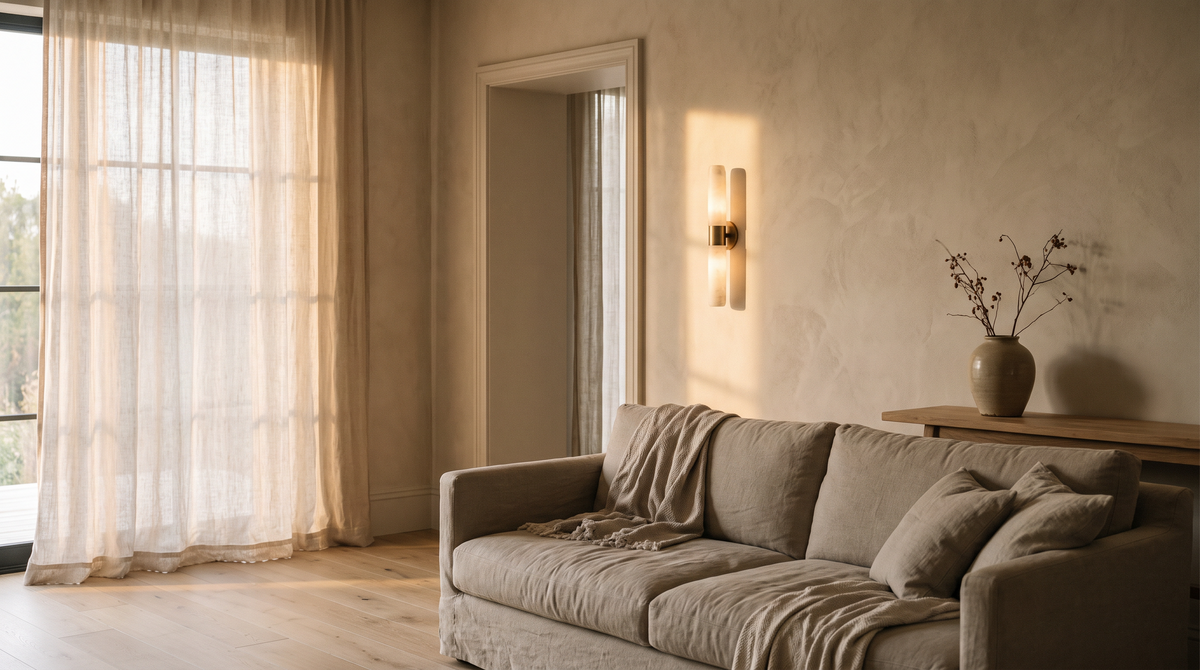 Living room with a warm wall sconce