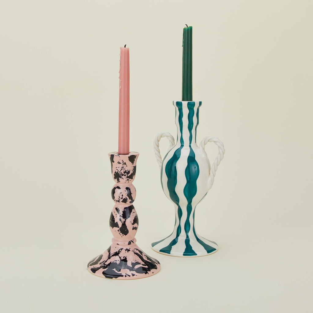 Striped Ceramic Candle Holder - Blue Squiggle