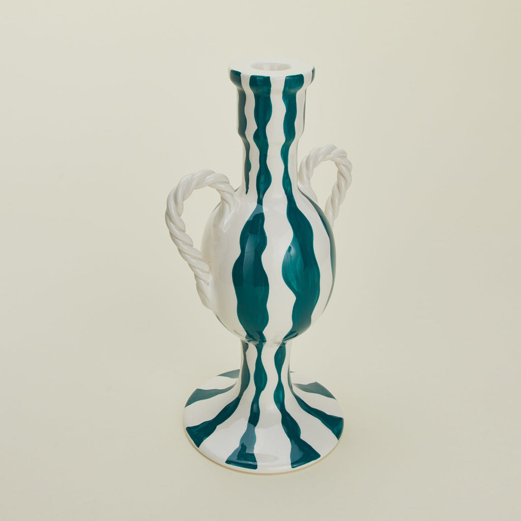 Striped Ceramic Candle Holder - Blue Squiggle