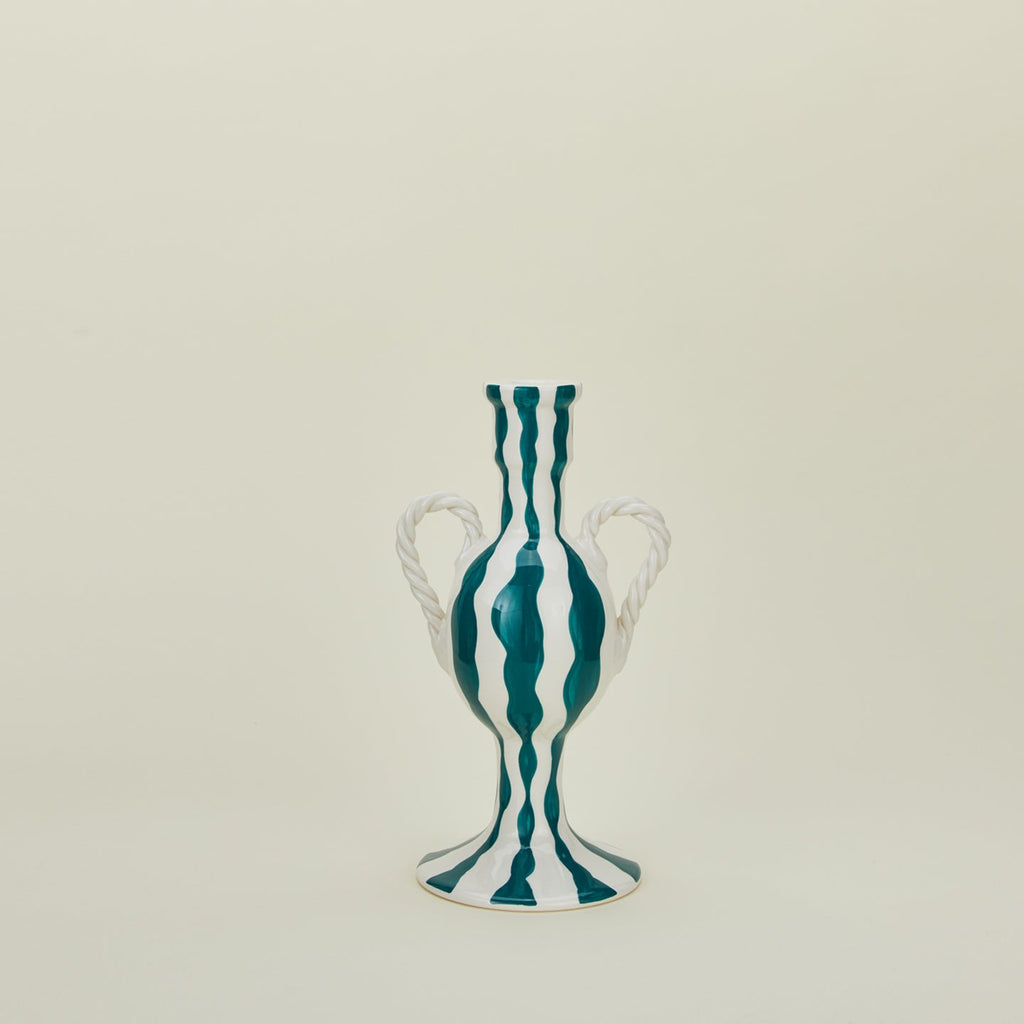 Striped Ceramic Candle Holder - Blue Squiggle